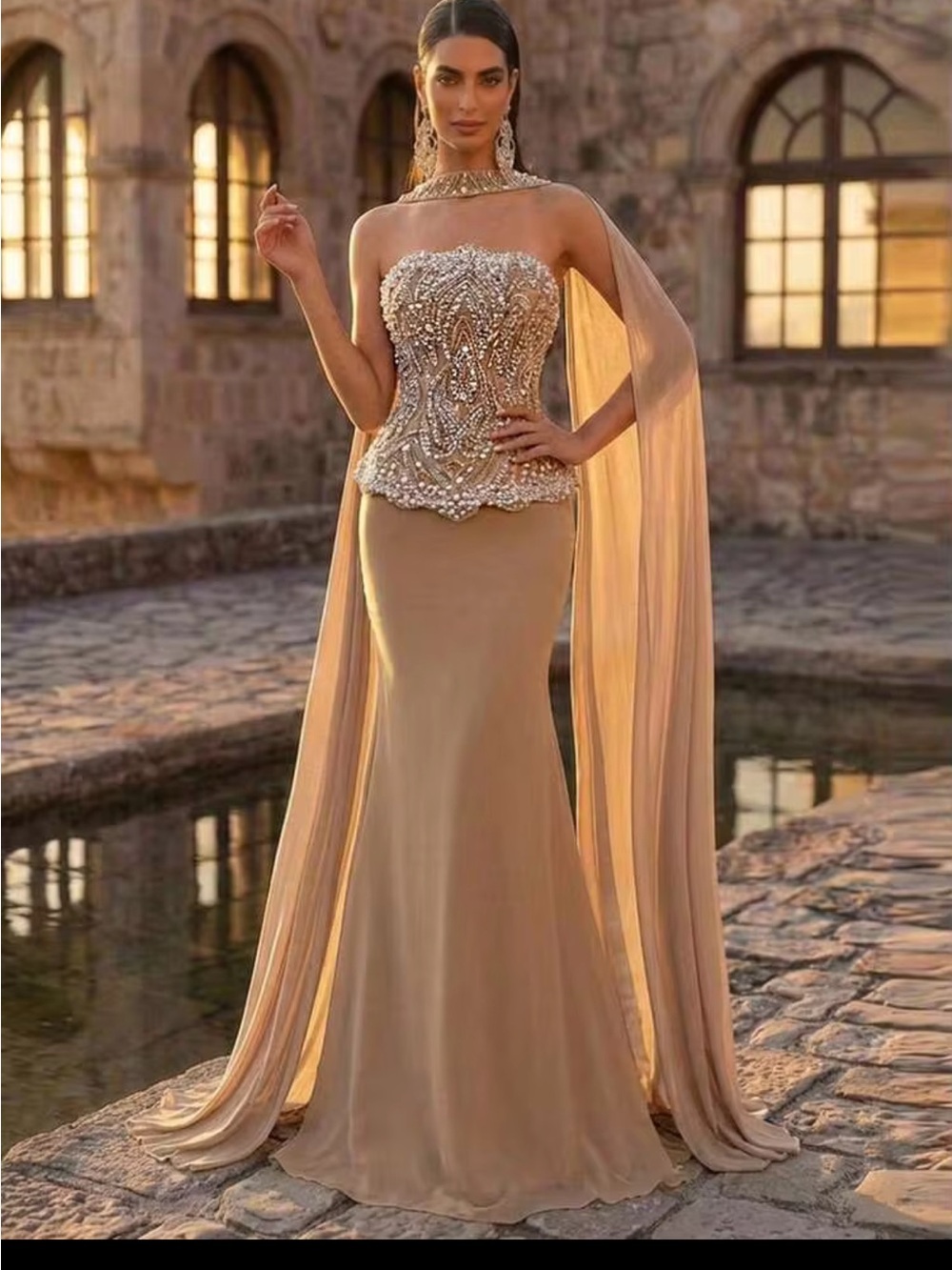 Strapless Embellished Evening Gown in Champagne